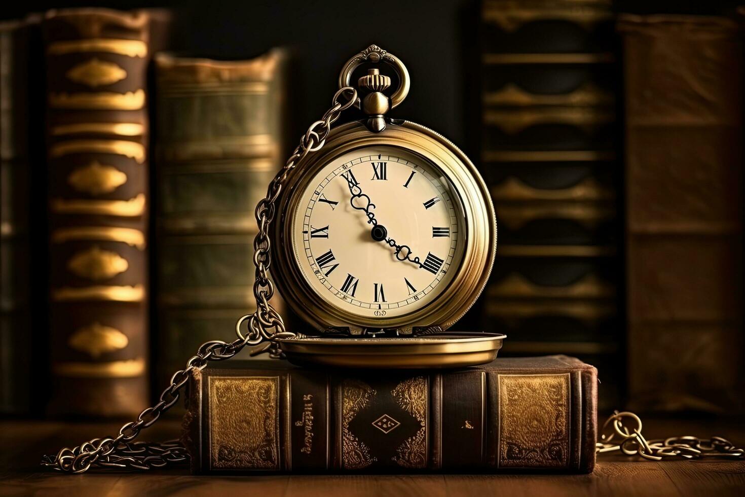 AI generated Vintage pocket watch with chain on old books background. Time concept, Vintage clock hanging on a chain on the background of old books, AI Generated photo