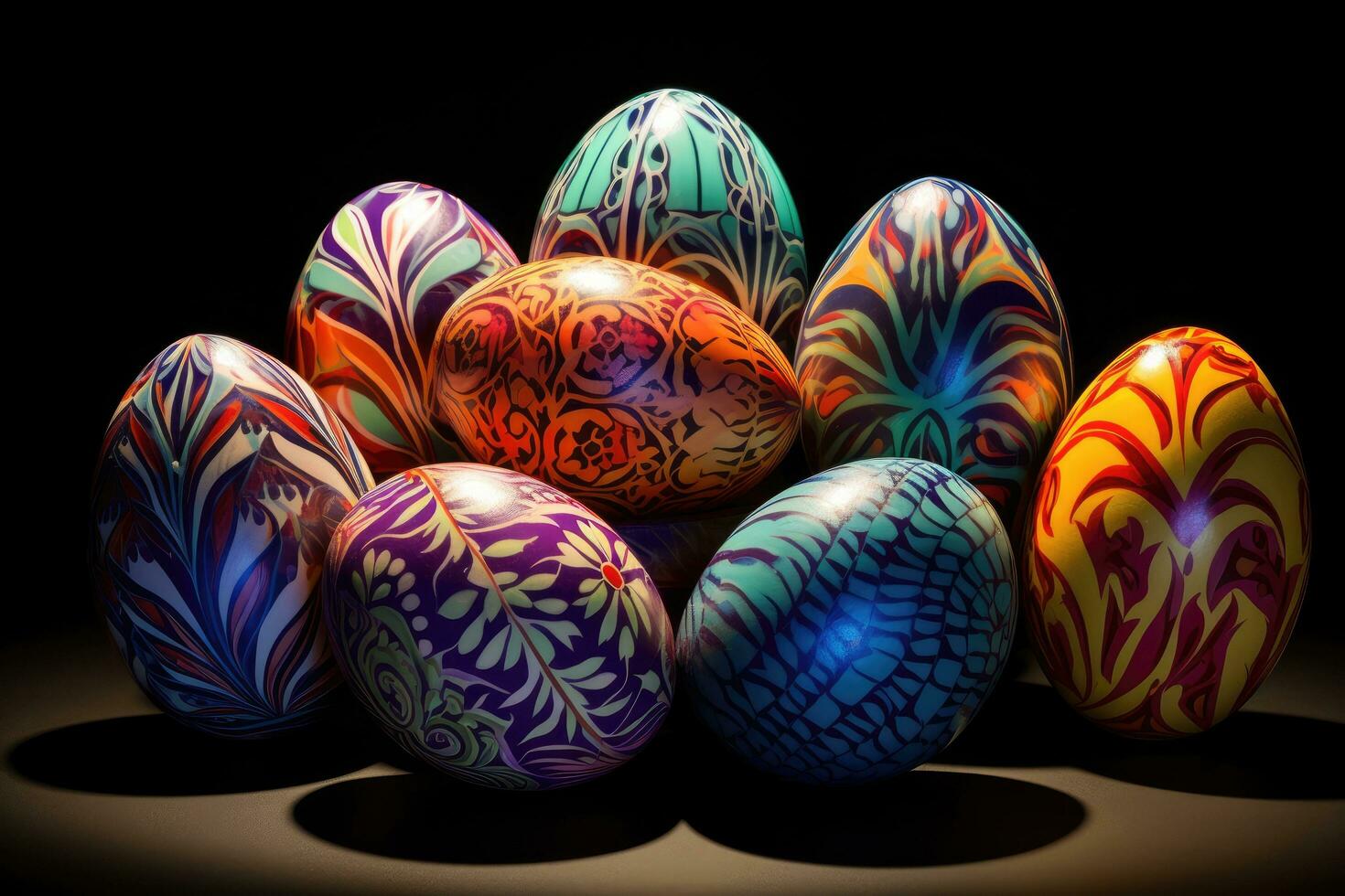AI generated Colorful easter eggs on black background. 3D illustration, Visualize a captivating design on eggshells, AI Generated photo