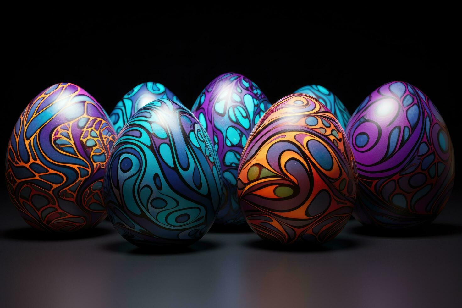 AI generated Colorful easter eggs on black background. 3D illustration, Visualize a captivating design on eggshells, AI Generated photo