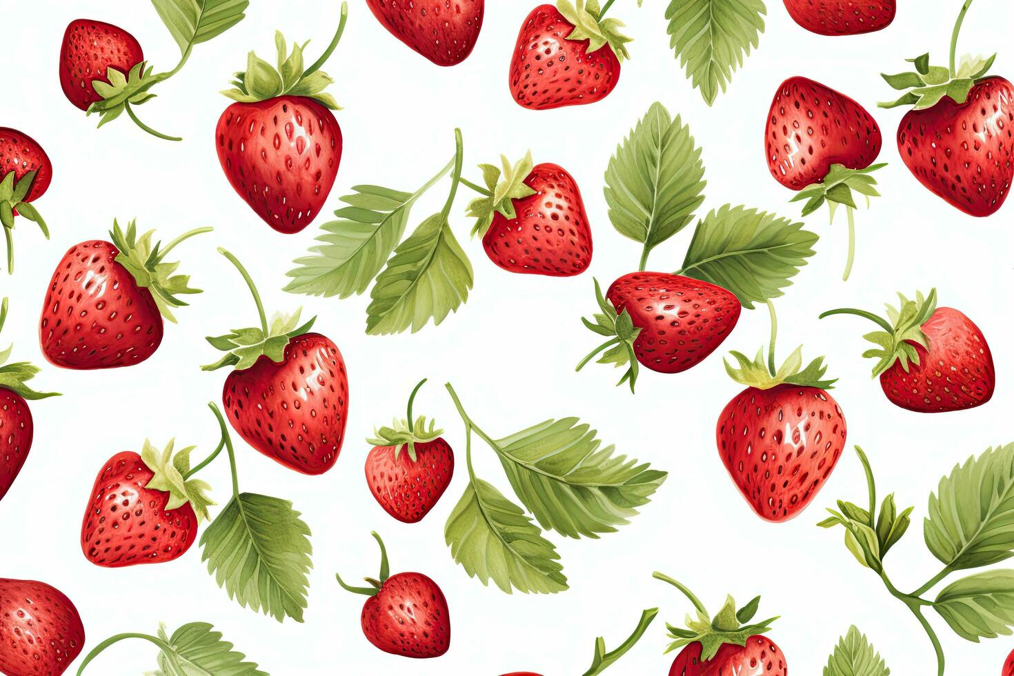 ai generado sin costura modelo con fresas y hojas en blanco antecedentes. vector ilustración, acuarela ilustración de fresas arreglado horizontalmente en un sin costura patrón, ai generado foto