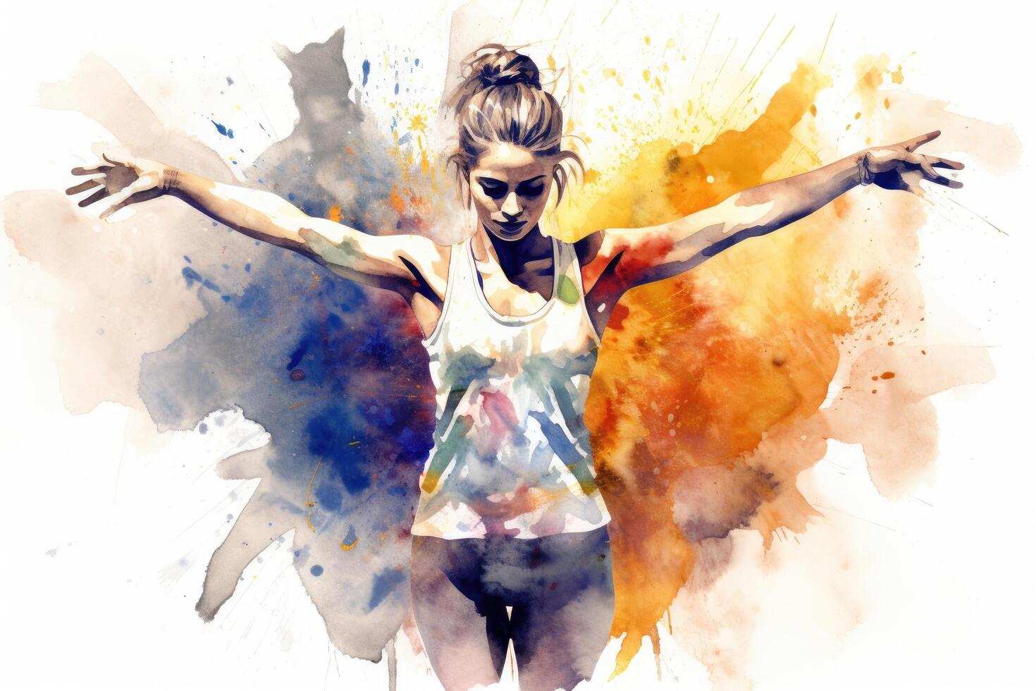 AI generated Beautiful young woman dancing in watercolor background. Digital illustration, watercolor design of a female olympic gymnast, AI Generated photo