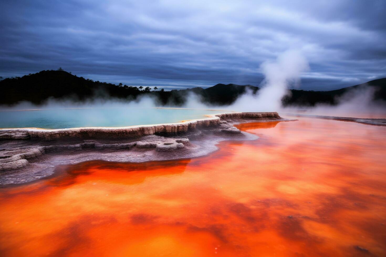 AI generated Yellowstone Grand Prismatic Spring in Yellowstone National Park, Wyoming, USA, Water boiling in Champagne Pool - Wai-O-Tapu, New Zealand, AI Generated photo