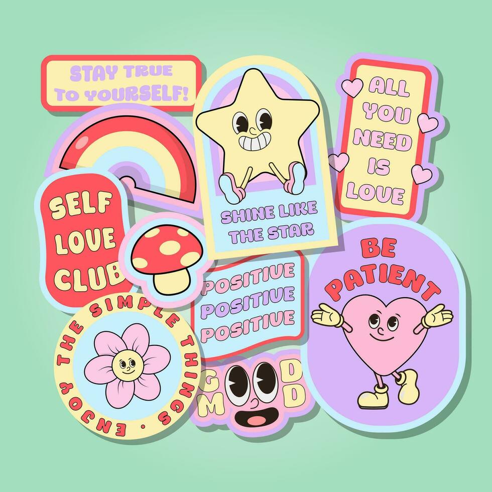 Vector retro positive vibes for selflove sticker or label or badge set with motivational quotes