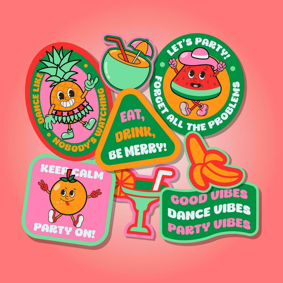 vector retro Fruta verano fiesta vibraciones pegatina o etiqueta o Insignia conjunto con motivacional citas