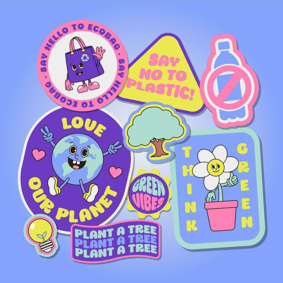 Vector retro world day sticker or label or badge set with flower tree earth and ecobag