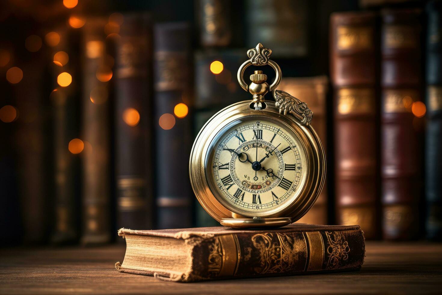 AI generated Vintage pocket watch on the background of books. Retro style, Vintage clock hanging on a chain on the background of old books, AI Generated photo