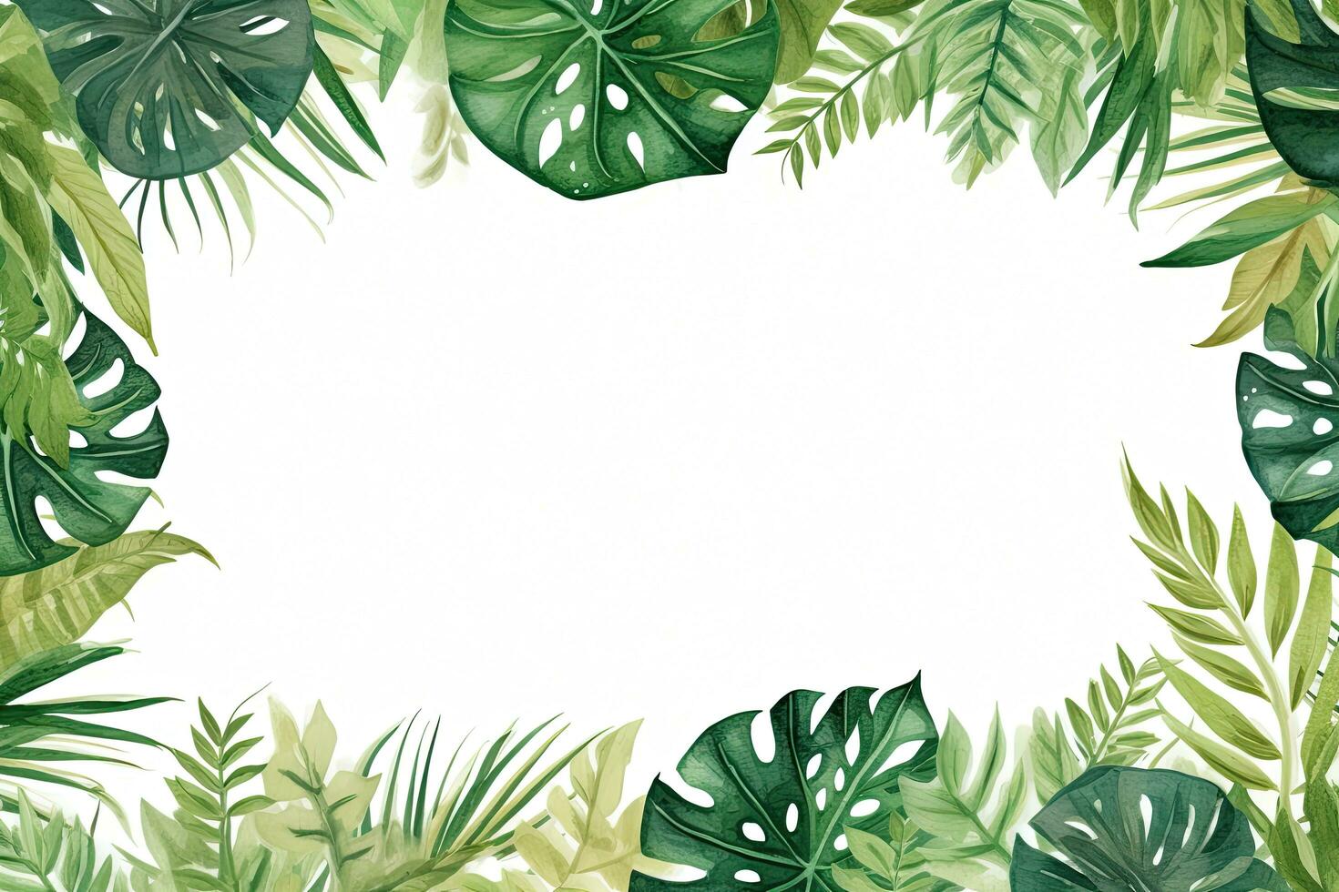 AI generated Tropical leaves frame on white background. Watercolor illustration, Watercolor hand painted frame with tropical green leaves and branches, AI Generated photo