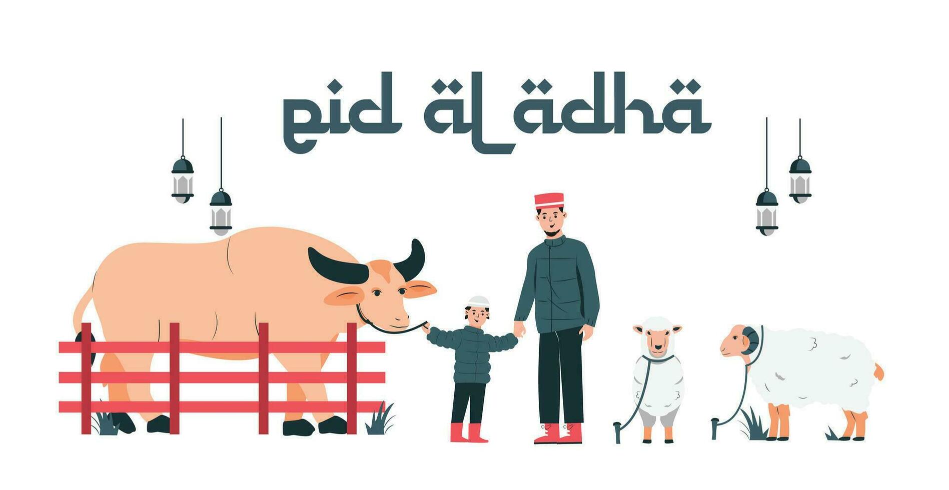 vector ilustración de eid al-adha y banquete de sacrificio. oveja, búfalo y musulmán familias deseo usted un contento eid Alabama adha Perfecto para carteles y pancartas