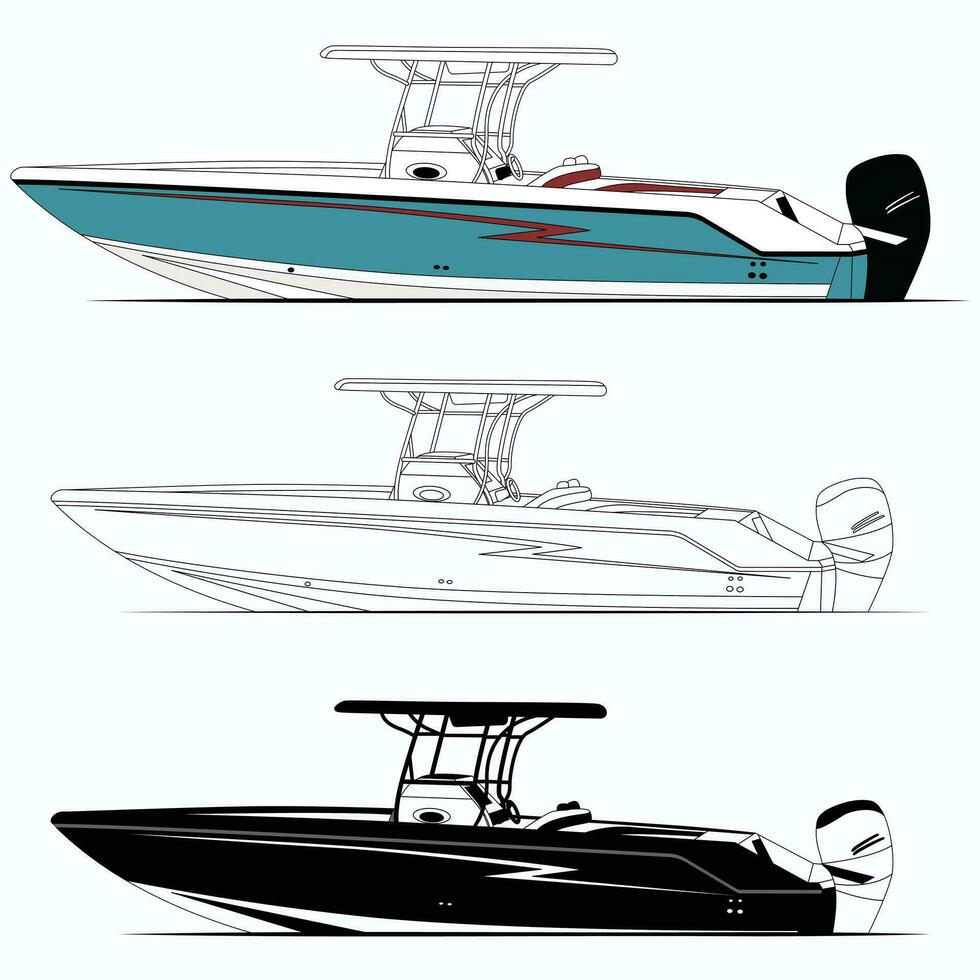 Side view fishing boat vector line art illustration, and one color.