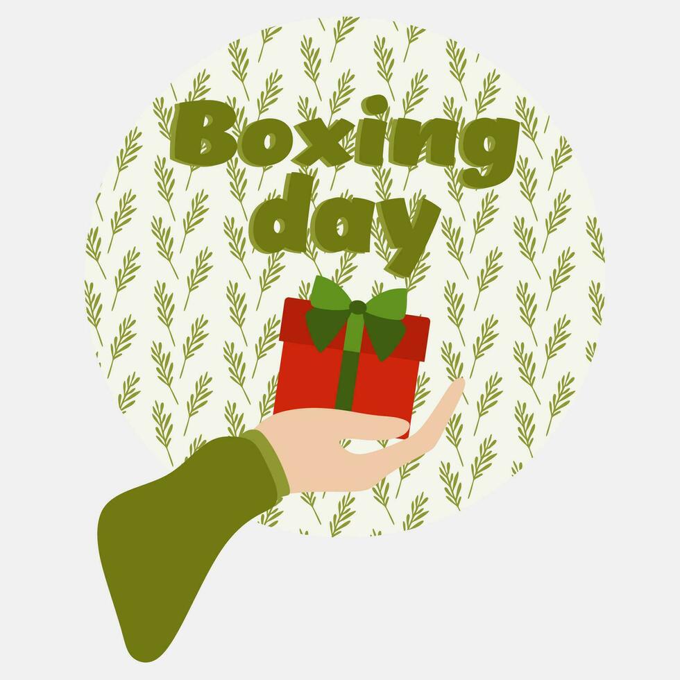 Boxing day poster design template. Hand Holding a Wrapped Gift box. Poster sale for social media post, Banner in Holiday Christmas colors. Celebration Vector Flat illustration isolated on white.