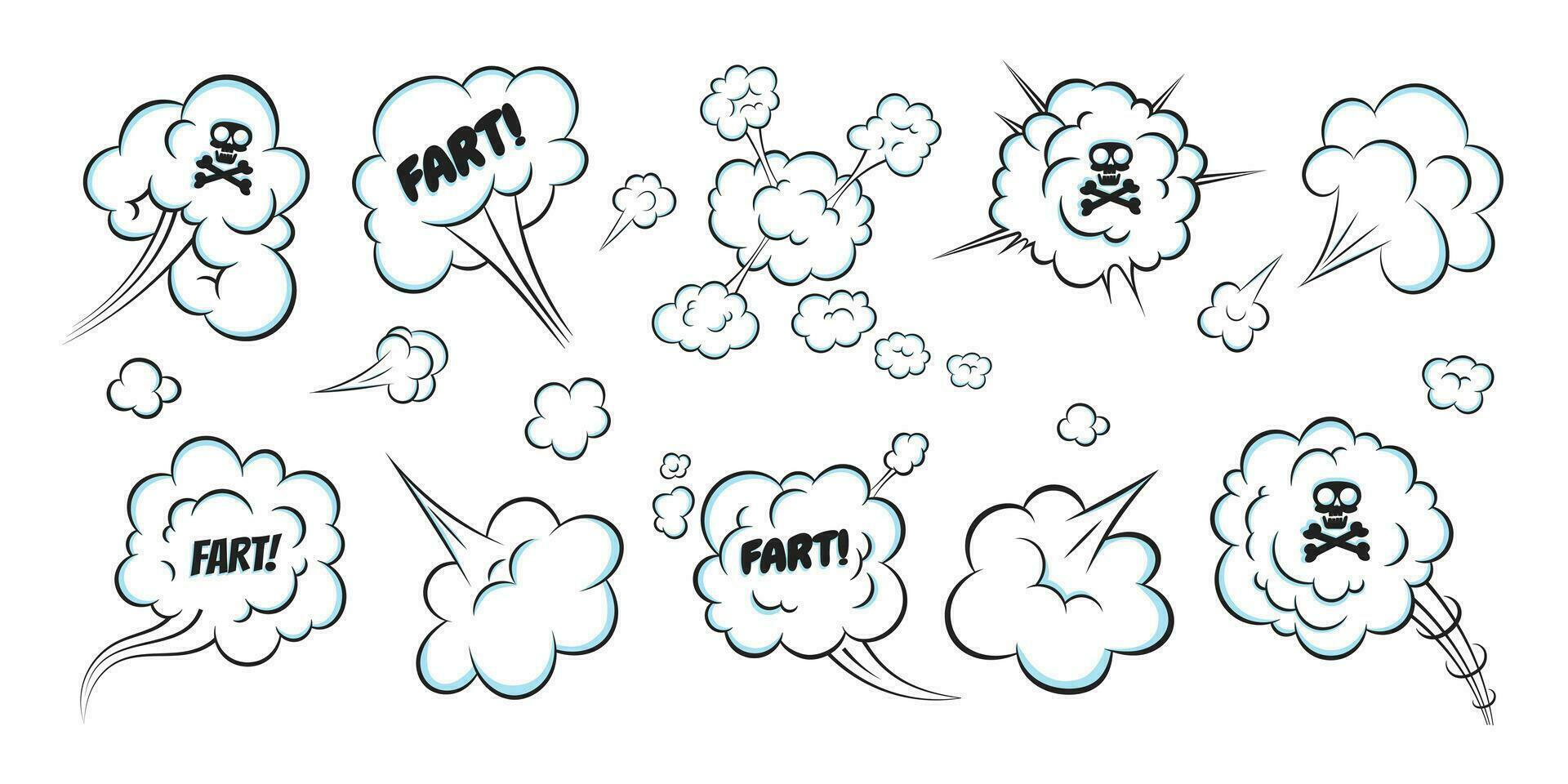 Smelling pop art comic book cartoon fart cloud flat style design vector illustration set.