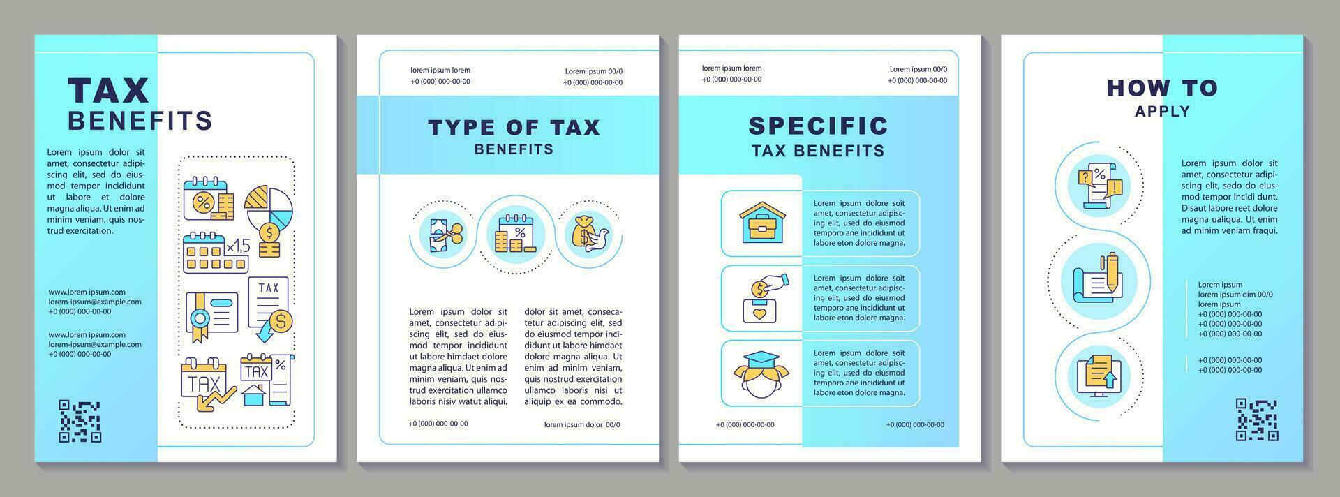 Tax benefits blue gradient brochure template. Fiscal policy. Leaflet design with linear icons. Editable 4 vector layouts for presentation, annual reports