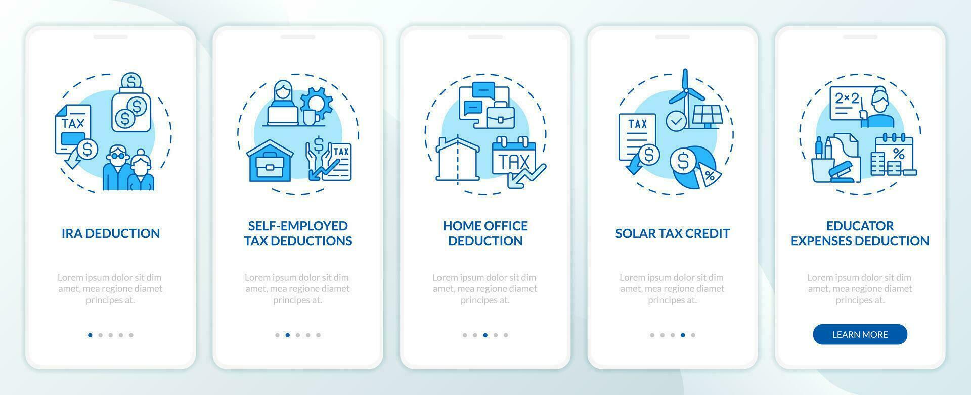 impuesto deducciones azul inducción móvil aplicación pantalla. impuesto creditos recorrido 5 5 pasos editable gráfico instrucciones con lineal conceptos. ui, ux, gui modelo vector