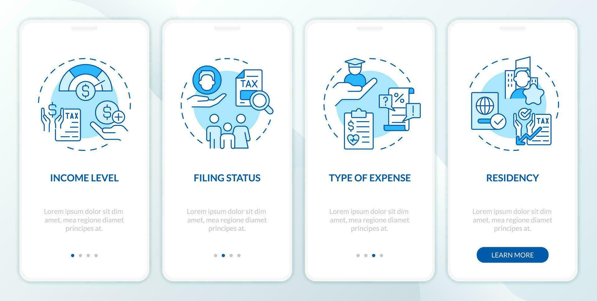 Criteria for taxpayers blue onboarding mobile app screen. Tax policy walkthrough 4 steps editable graphic instructions with linear concepts. UI, UX, GUI template vector