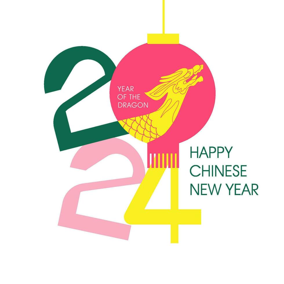 Minimalistic Greeting card, banner design for Chinese New Year 2024 with Dragon's silhouette in lantern, zodiac symbol of 2024 year, numbers. Vector simple flat illustration