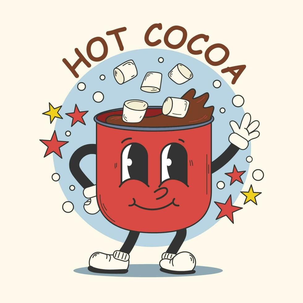 Cocoa mug with marshmallows in old classic cartoon style. Retro advertising character. vector