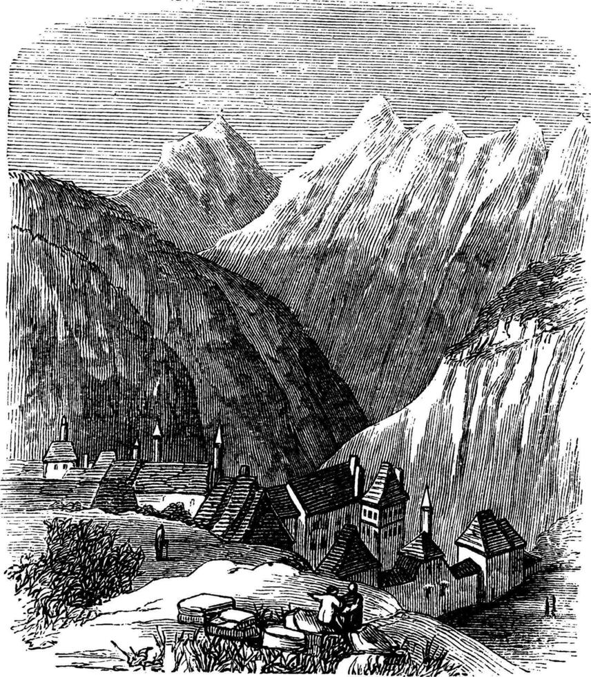 grande monasterio, en el Ródano-Alpes, Francia, durante el década de 1890, Clásico grabado vector