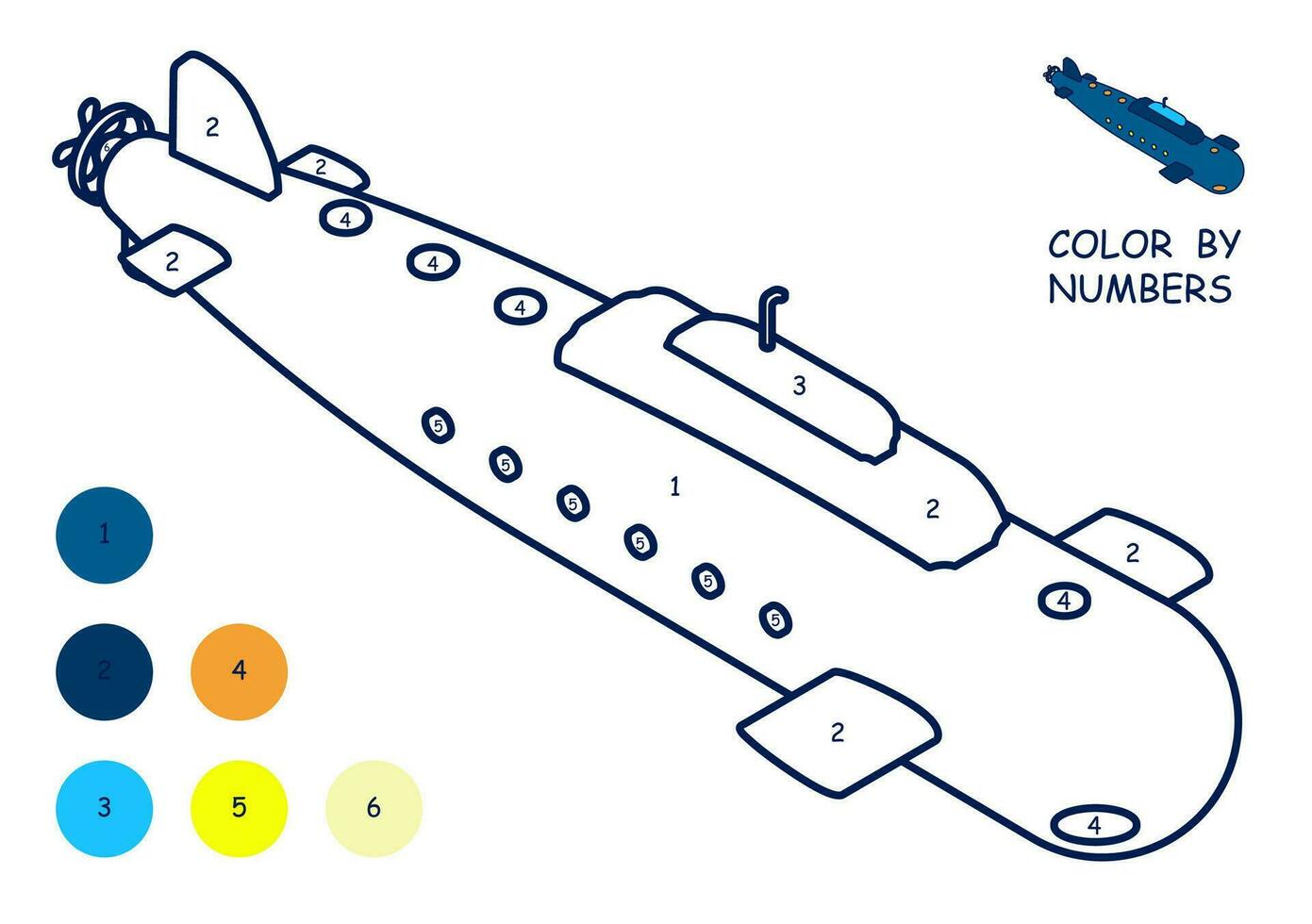 Children linear drawing for coloring book. Toy submarine. Underwater research in linear. Children toys and entertainment. Isolated vector on white