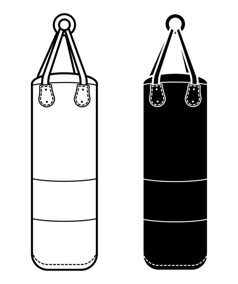 big punching bag for sports training. Training boxers in gym. Black and white vector