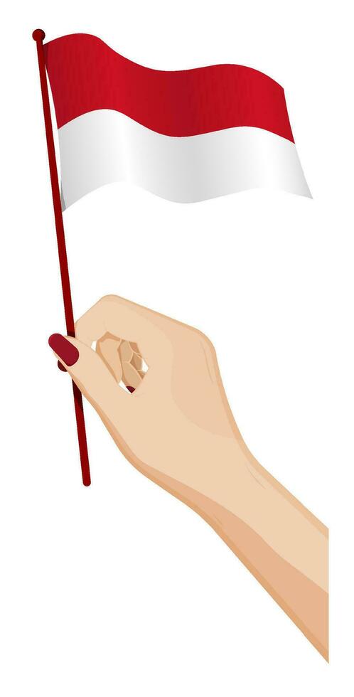 Female hand gently holds small flag of Monaco. Holiday design element. Cartoon vector on white background