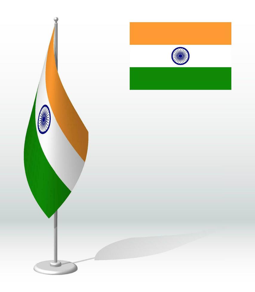 flag of India on flagpole for registration of solemn event, meeting foreign guests. National independence day of India. Realistic 3D vector on white