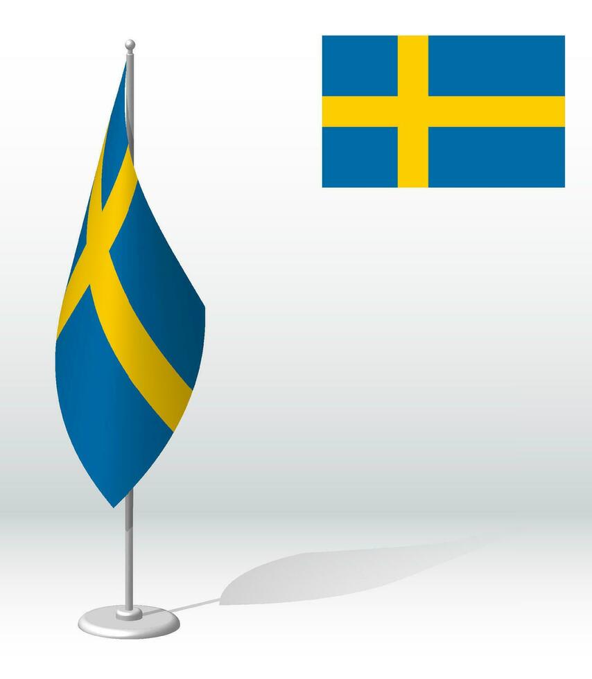 Sweden flag on flagpole for registration of solemn event, meeting foreign guests. National independence day of Russia. Realistic 3D vector on white