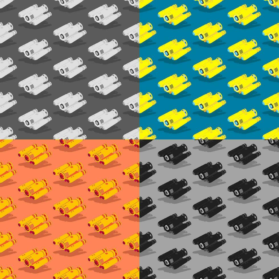 set of seamless patterns with yellow autonomous underwater robot drone. Children toys and entertainment. Ornament for decoration and printing on fabric. Design element. Vector