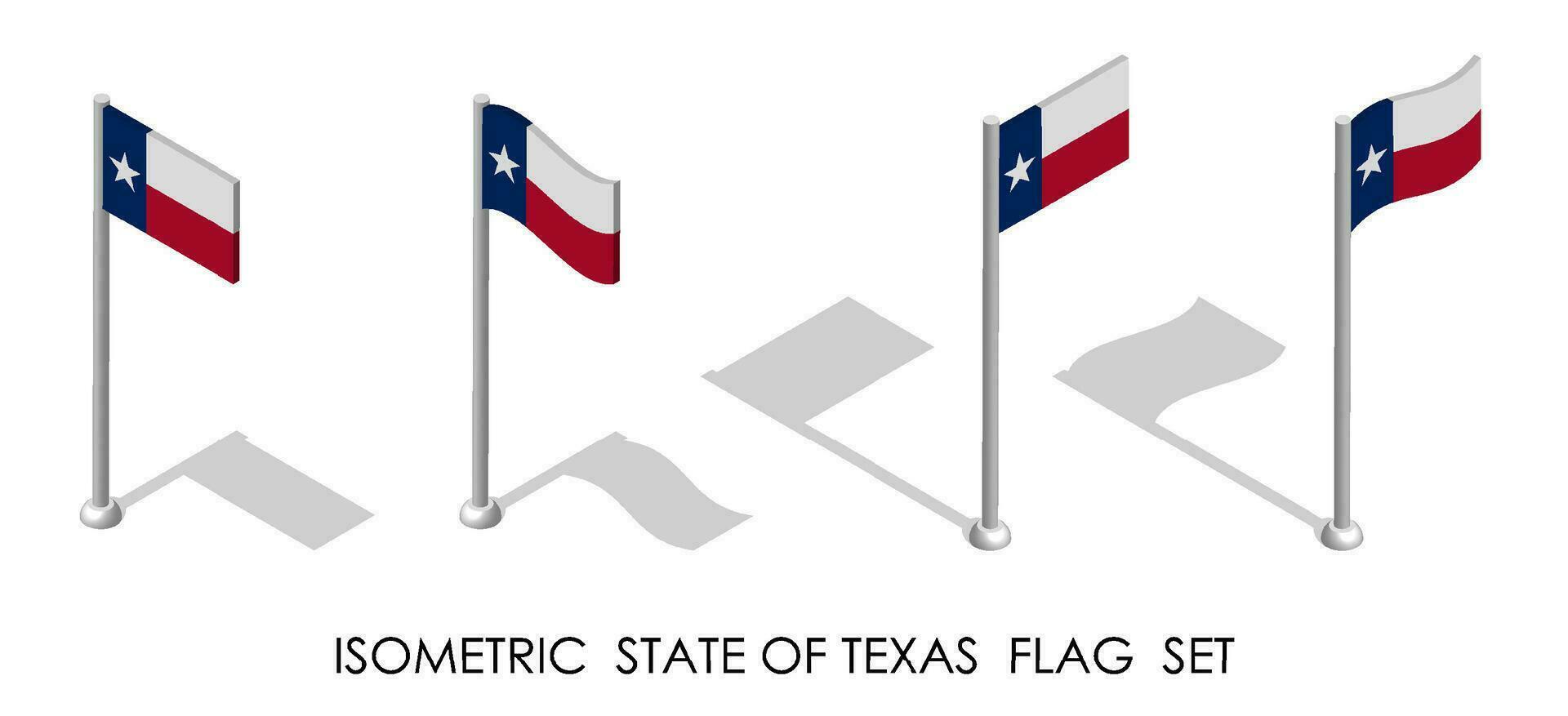 isométrica bandera de americano estado de Texas en estático posición y en movimiento en asta de bandera. 3d vector