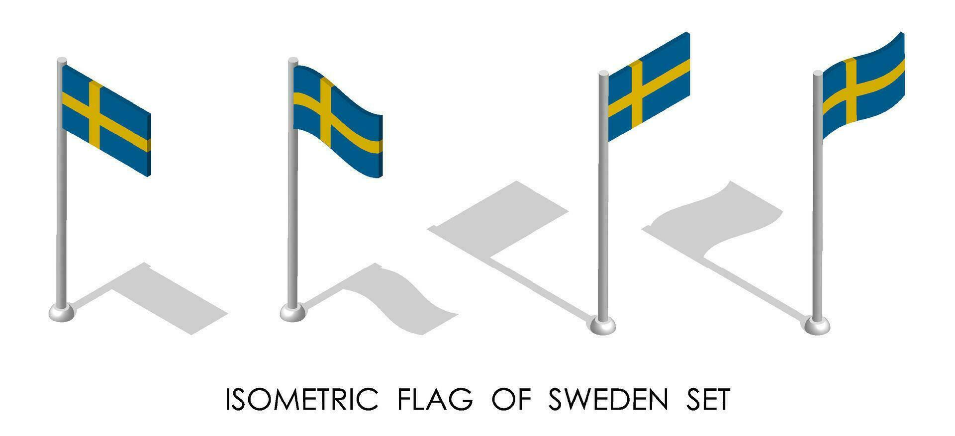 isometric Sweden flag in static position and in motion on flagpole. 3d vector