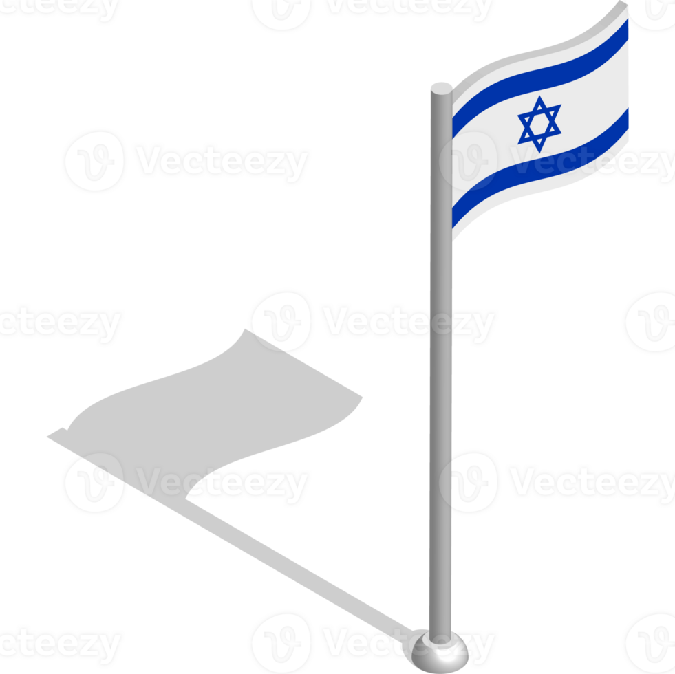 Isometric flag of ISRAEL in motion on flagpole. National banner flutters in wind. PNG image on transparent background