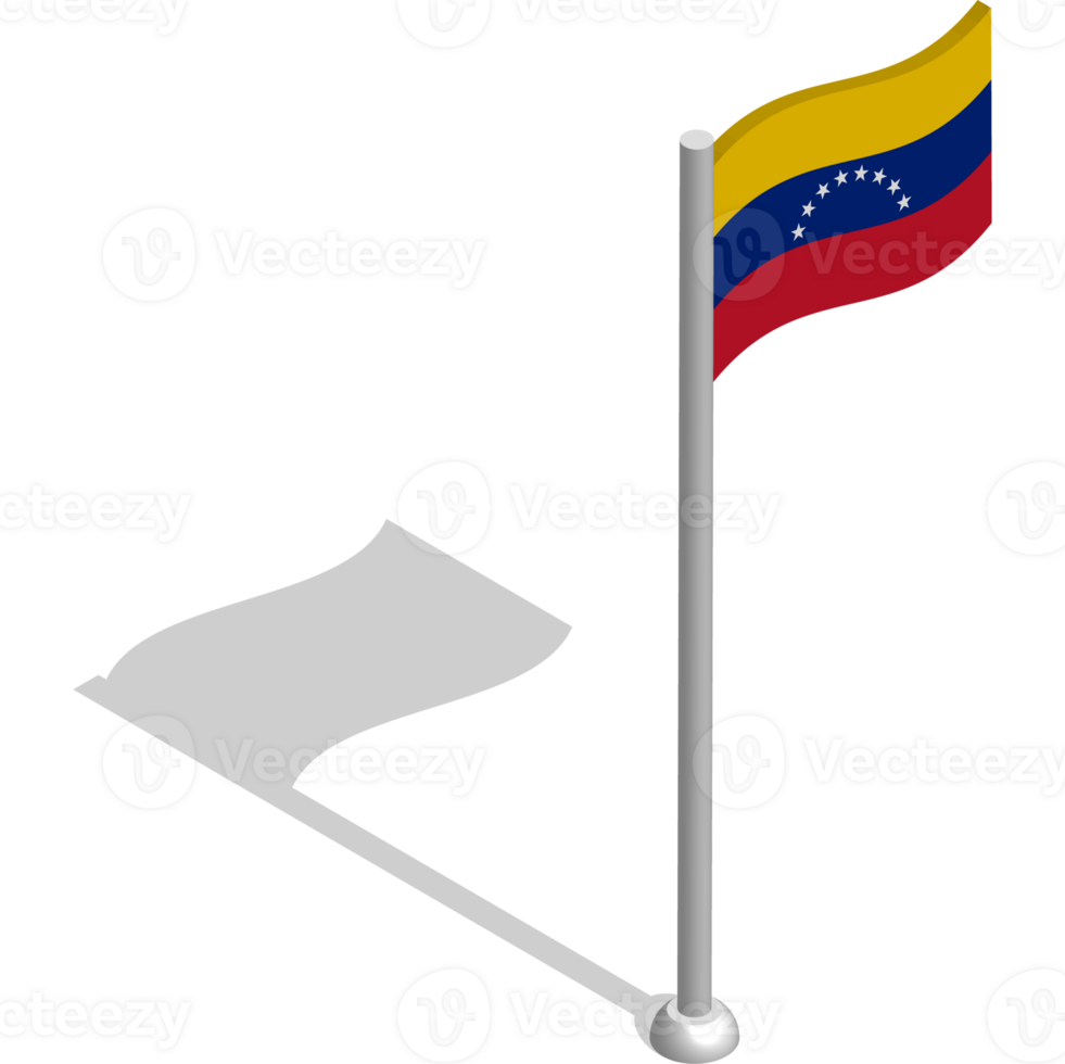 Isometric flag of Venezuela in motion on flagpole. National banner flutters in wind. PNG image on transparent background