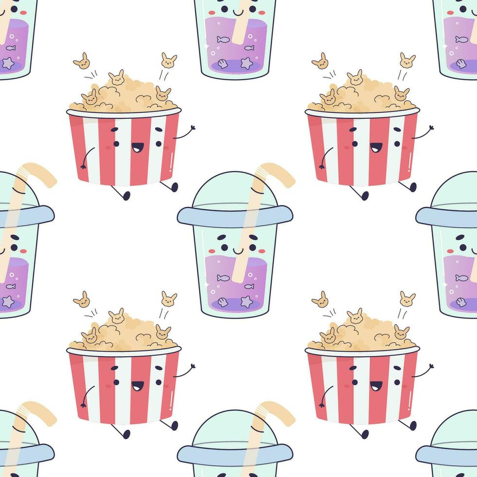 Seamless pattern popcorn, movie food, pizza, cute vector