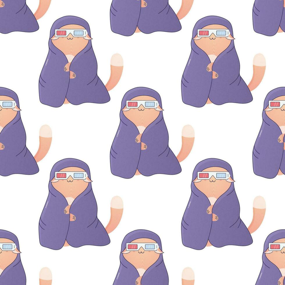 Seamless pattern cute kitty in a blanket wearing 3d glasses vector