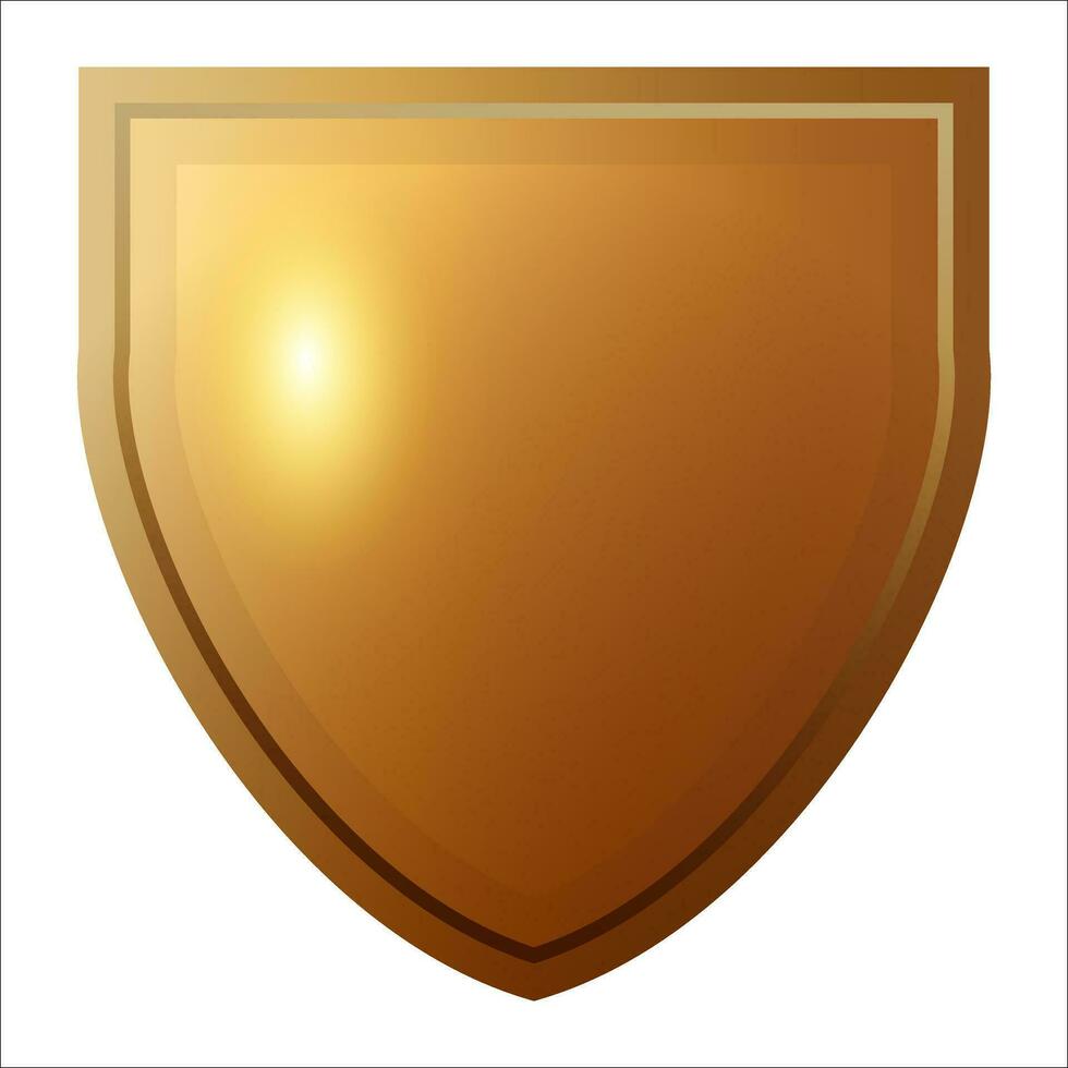 Gold metal shield. Shields with reflection in shiny. Vector gold shields icons isolated. Realistic isolated golden armory. Blank gold metal shield