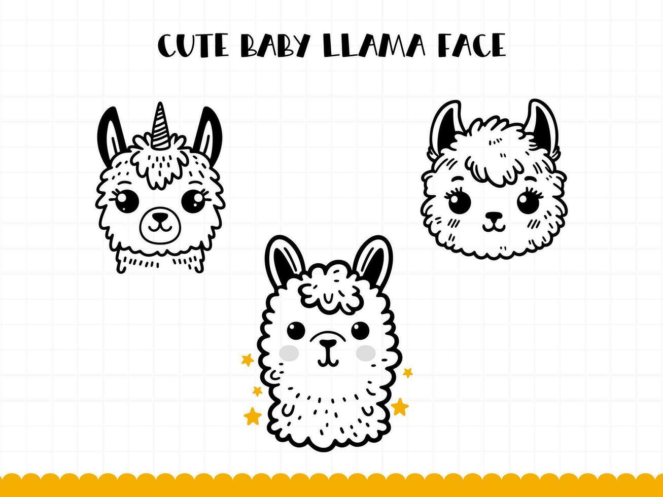 Cute llama face in simple doodle style set. Vector illustration.