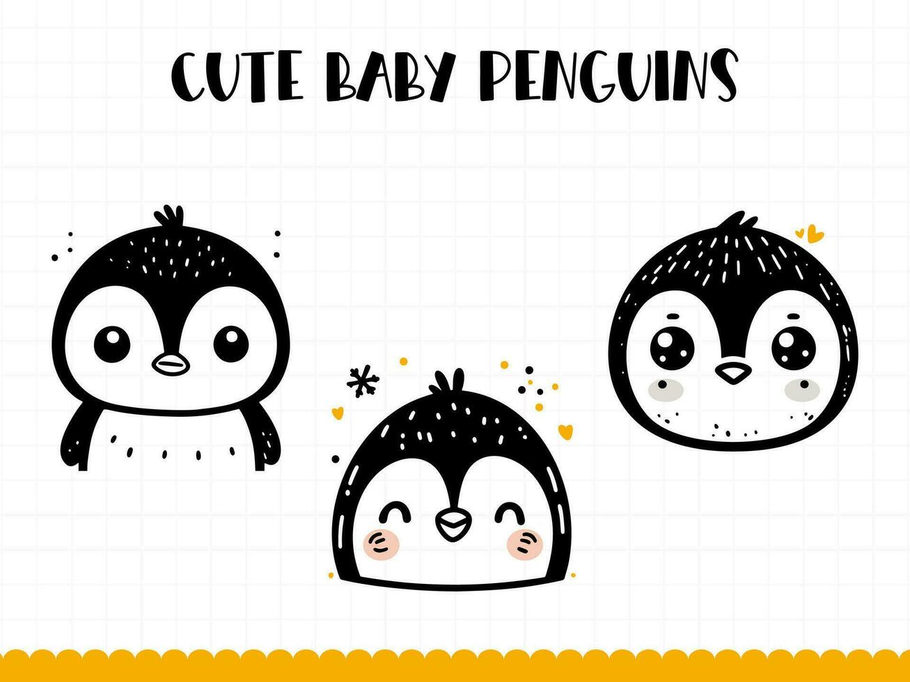 Cute baby penguin face in simple doodle style. Vector illustration.