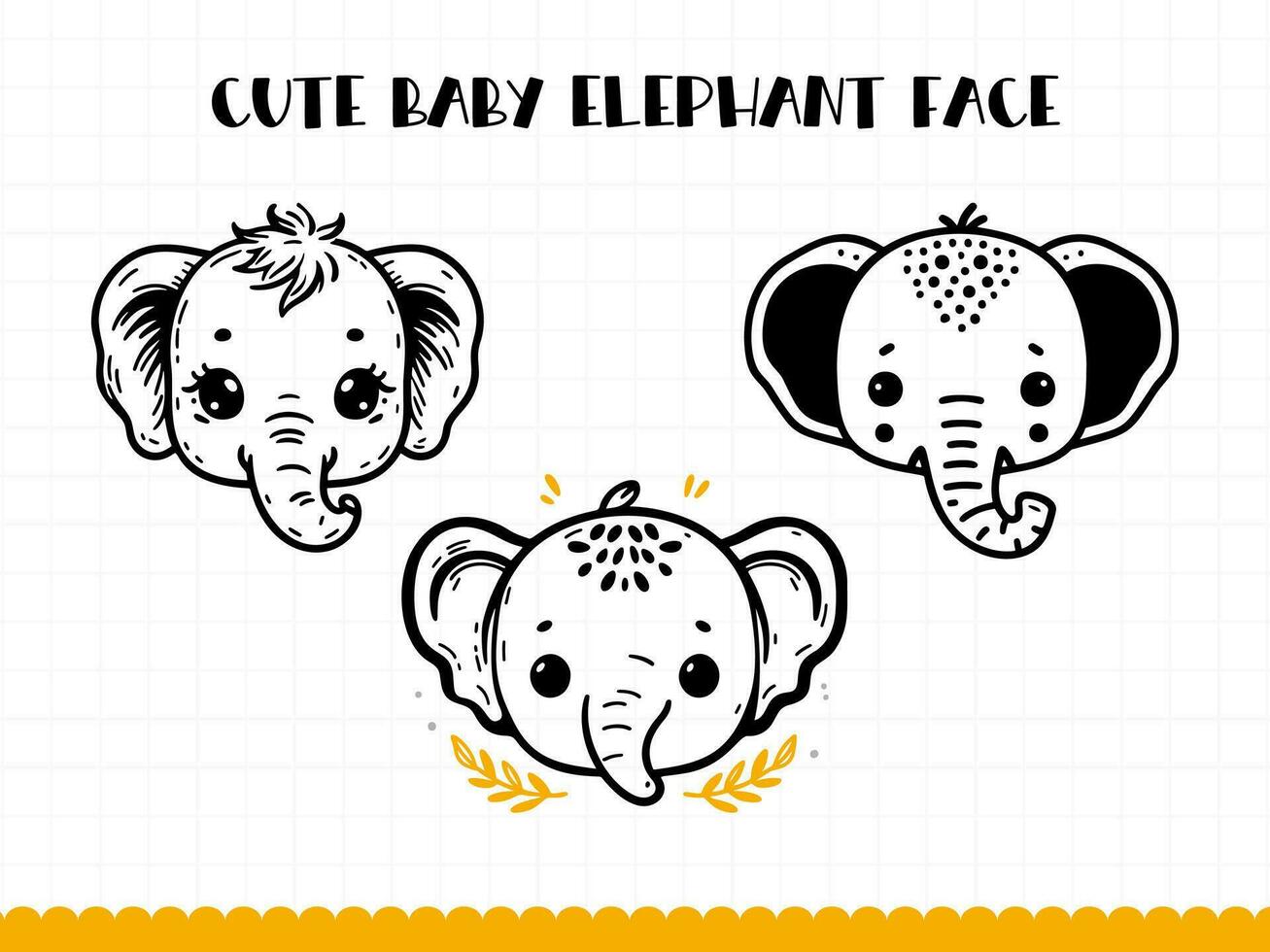 Cute elephant face in simple doodle style set. Vector illustration.