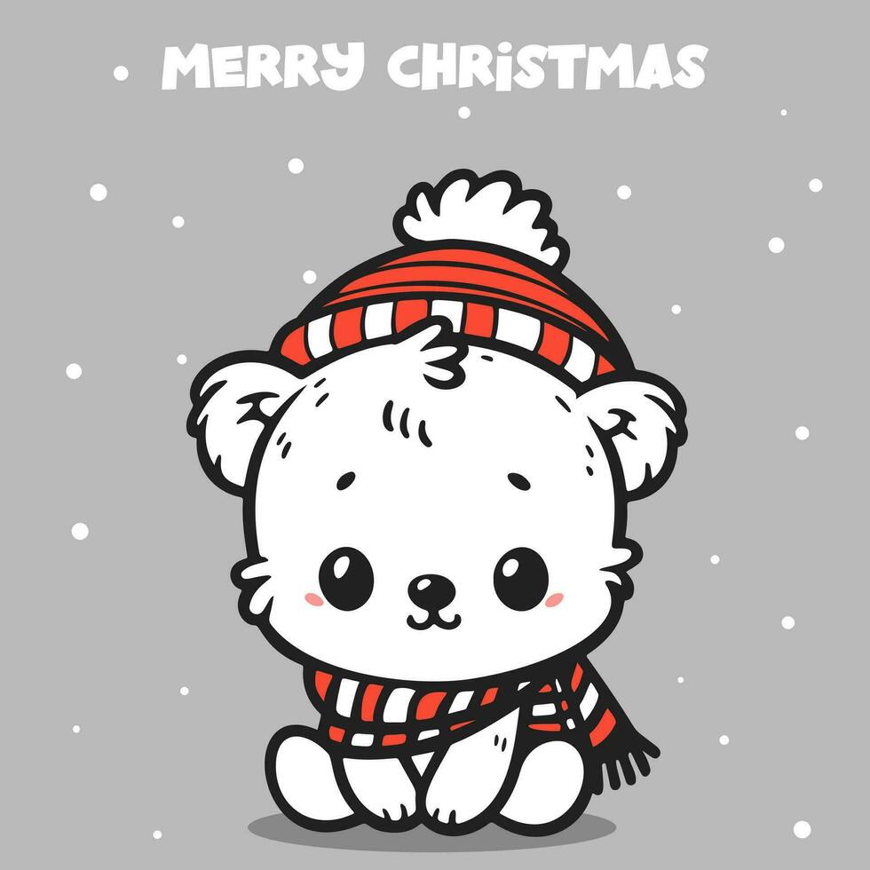 Cute polar bear in hat and scarf. Christmas card. vector