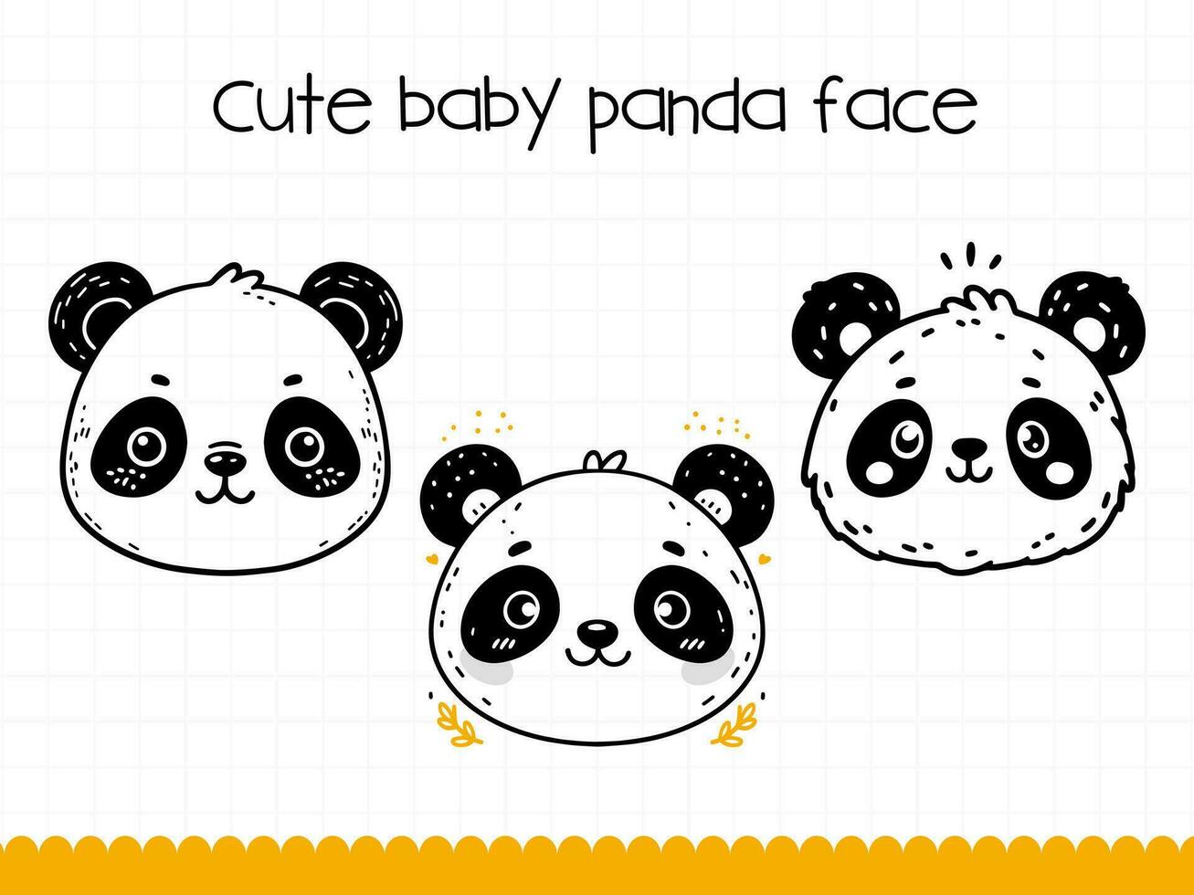 Cute panda face in simple doodle style set. vector