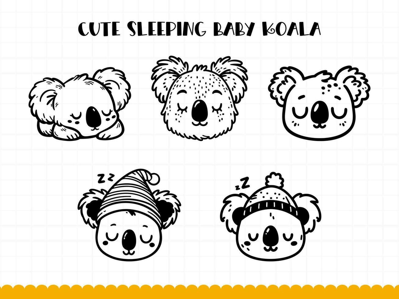 Cute koala face in simple doodle style set. Vector illustration.