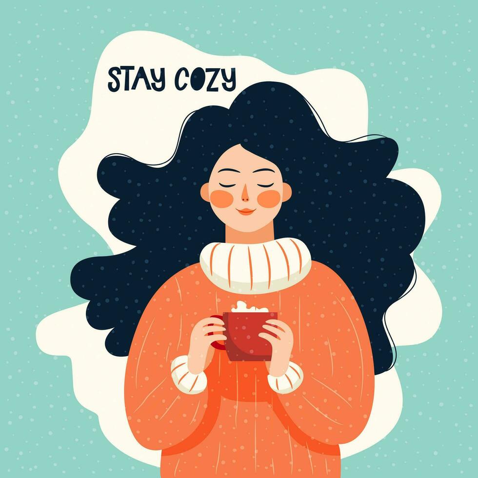 Girl in warm sweater, holding mug in her hands. vector