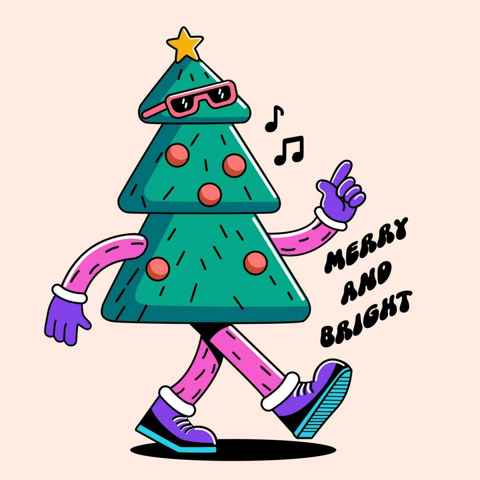 maravilloso hippie Navidad. Navidad árbol con citar alegre y brillante en de moda retro dibujos animados estilo. vector ilustración.