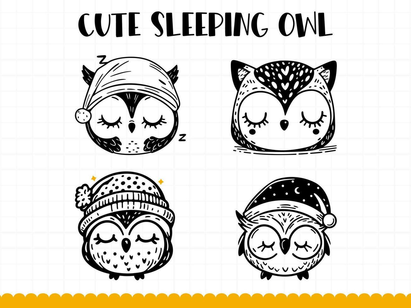 Cute sleeping owl face in simple doodle style. Vector illustration.