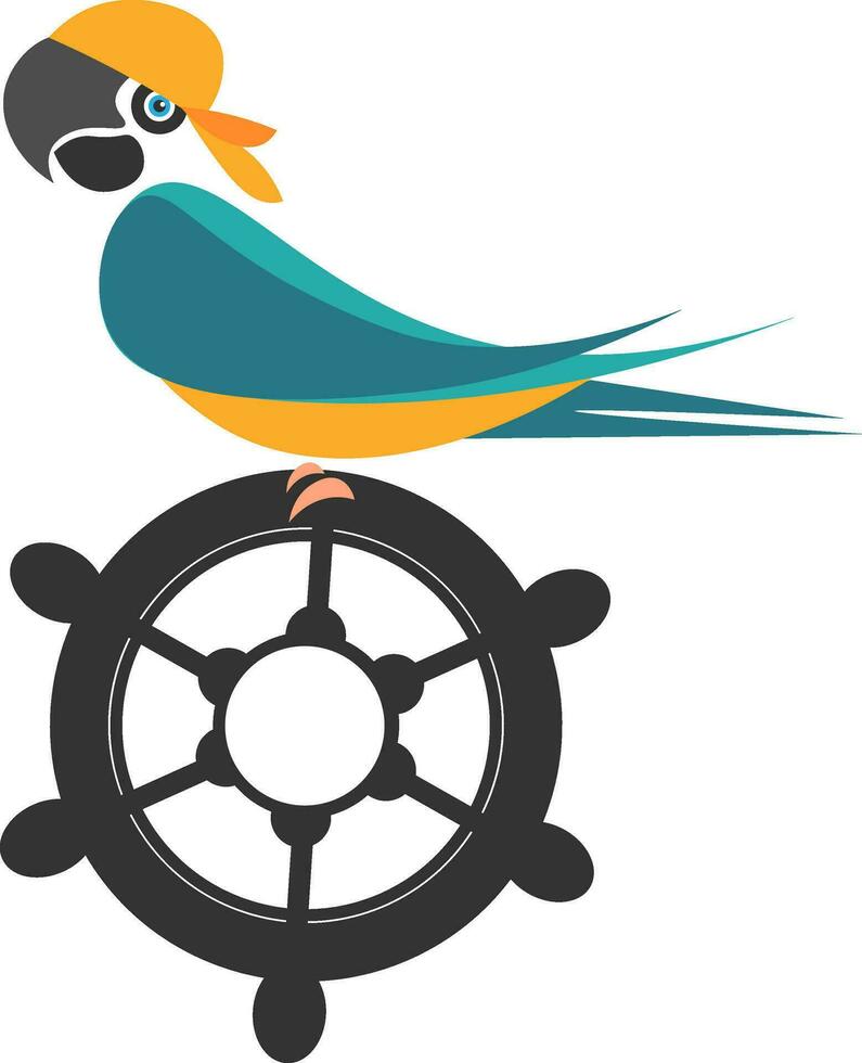 Parrot on the ship's wheel, illustration, vector on white background.