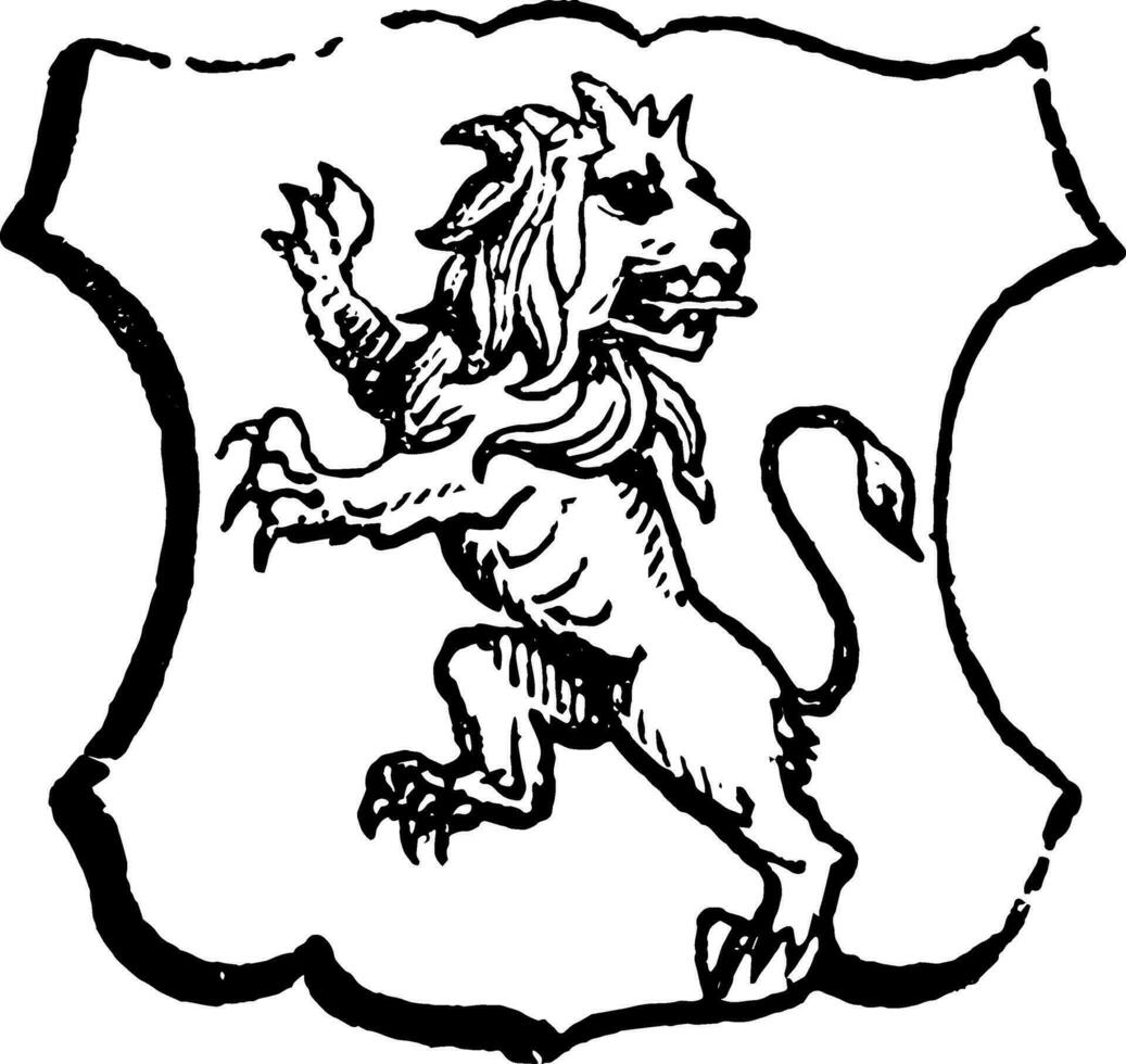 Lion Rampant Regardant is an animal looking towards the sinister side of the shield, vintage engraving. vector
