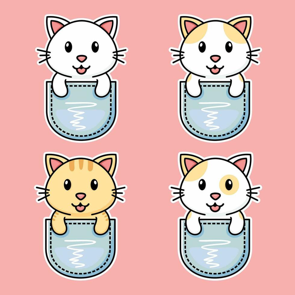 linda dibujos animados gatos cuatro conjuntos, kawaii vector