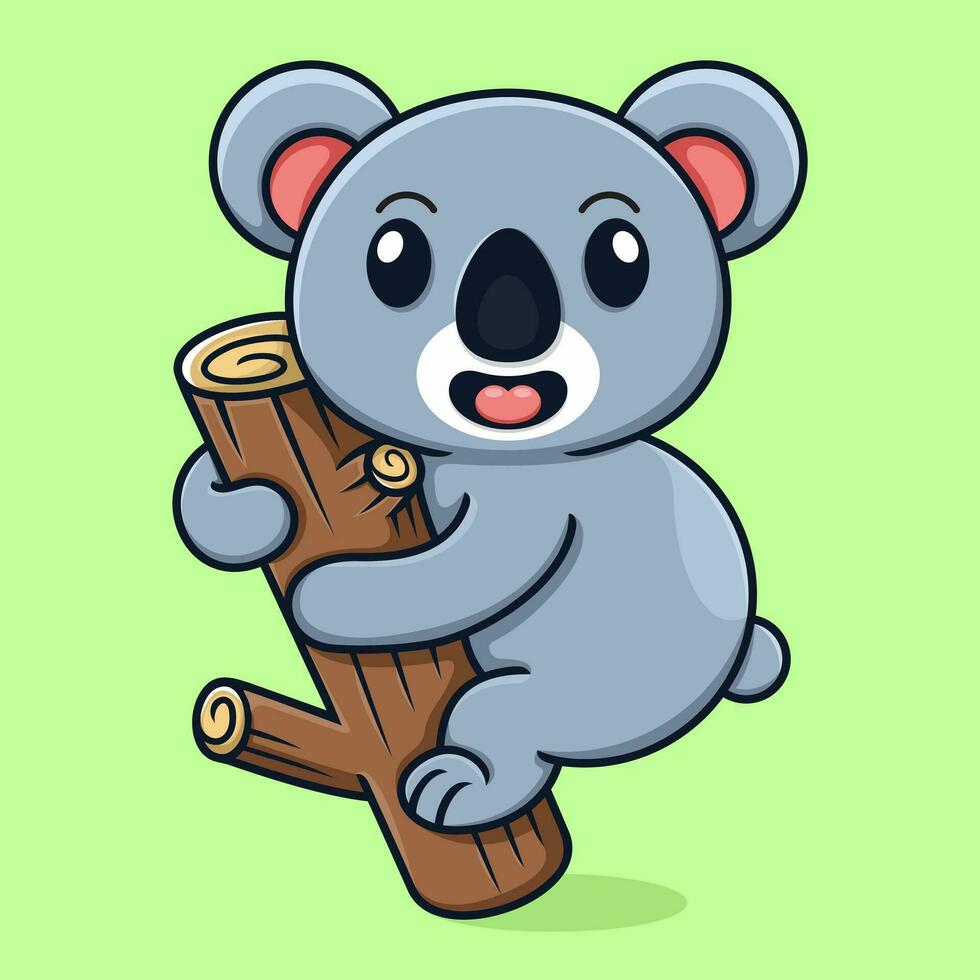 Cute cartoon koala, climbing a tree trunk. vector