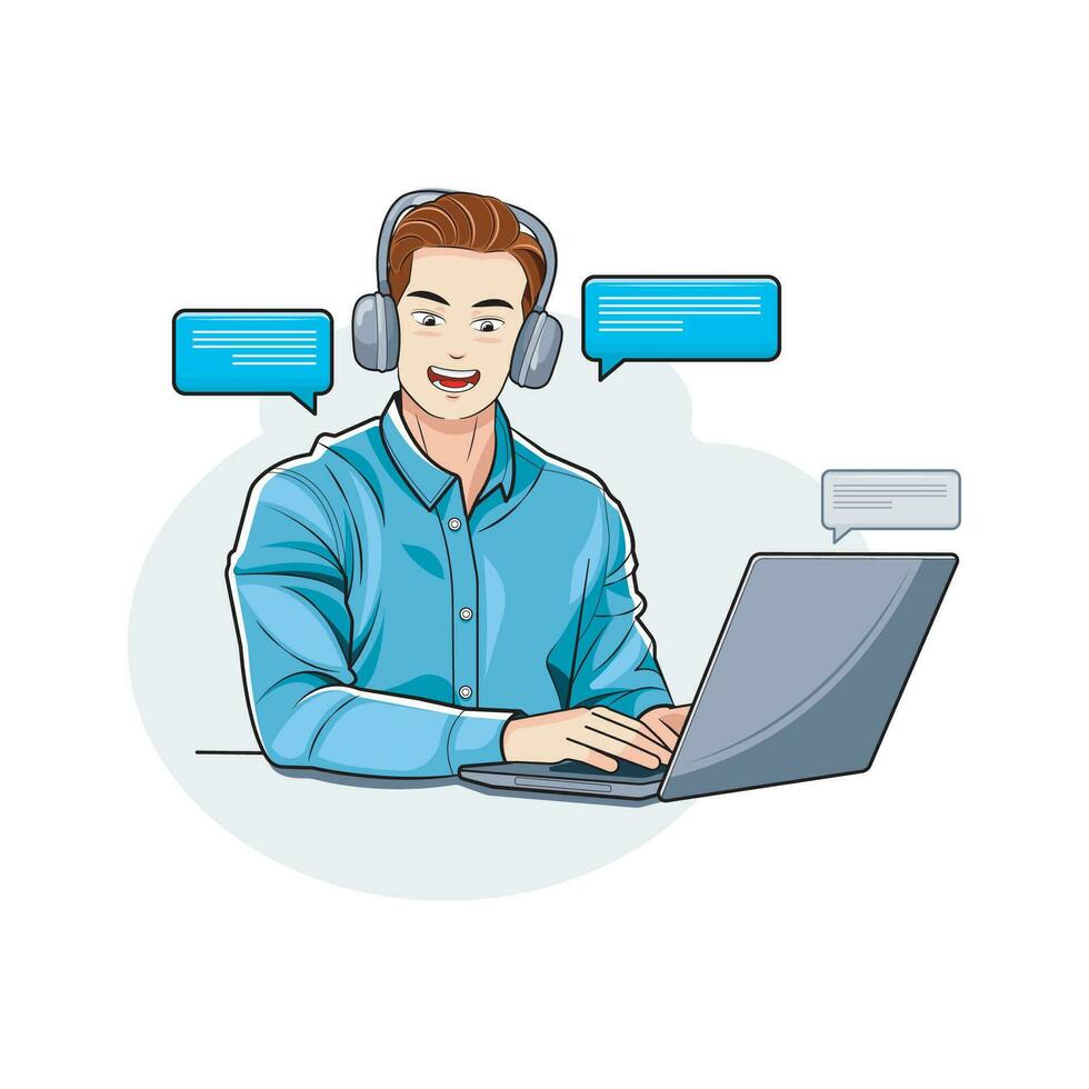 Businessman. a young man working in front of a laptop starts a conversation. Vector illustration