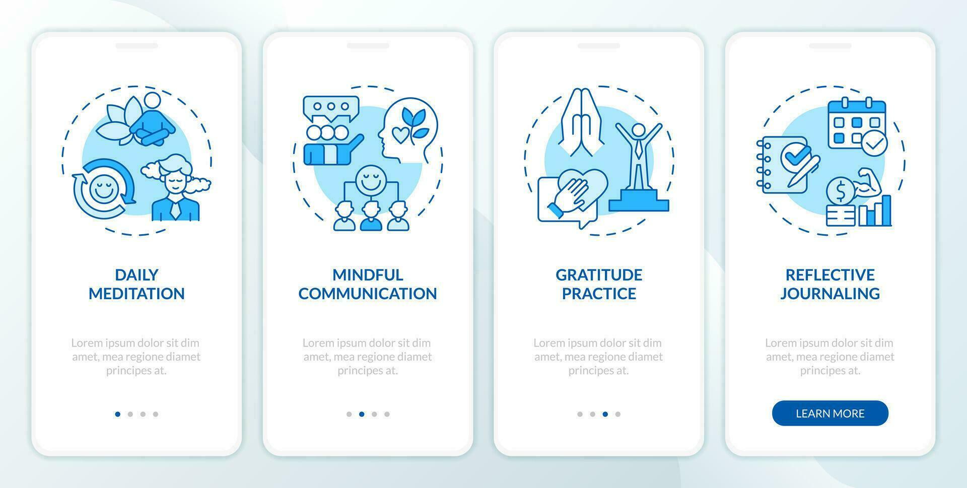 2D icons representing mindful entrepreneurship mobile app screen set. Walkthrough 4 steps blue graphic instructions with line icons concept, UI, UX, GUI template. vector