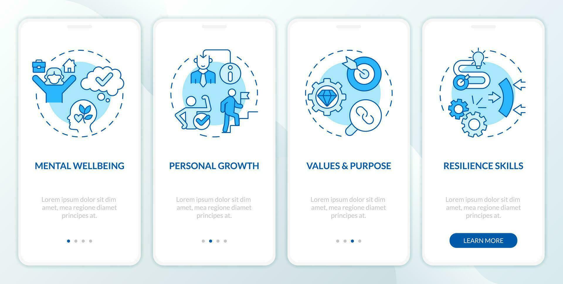 2D icons representing mindful entrepreneurship mobile app screen set. Walkthrough 4 steps blue graphic instructions with thin line icons concept, UI, UX, GUI template. vector